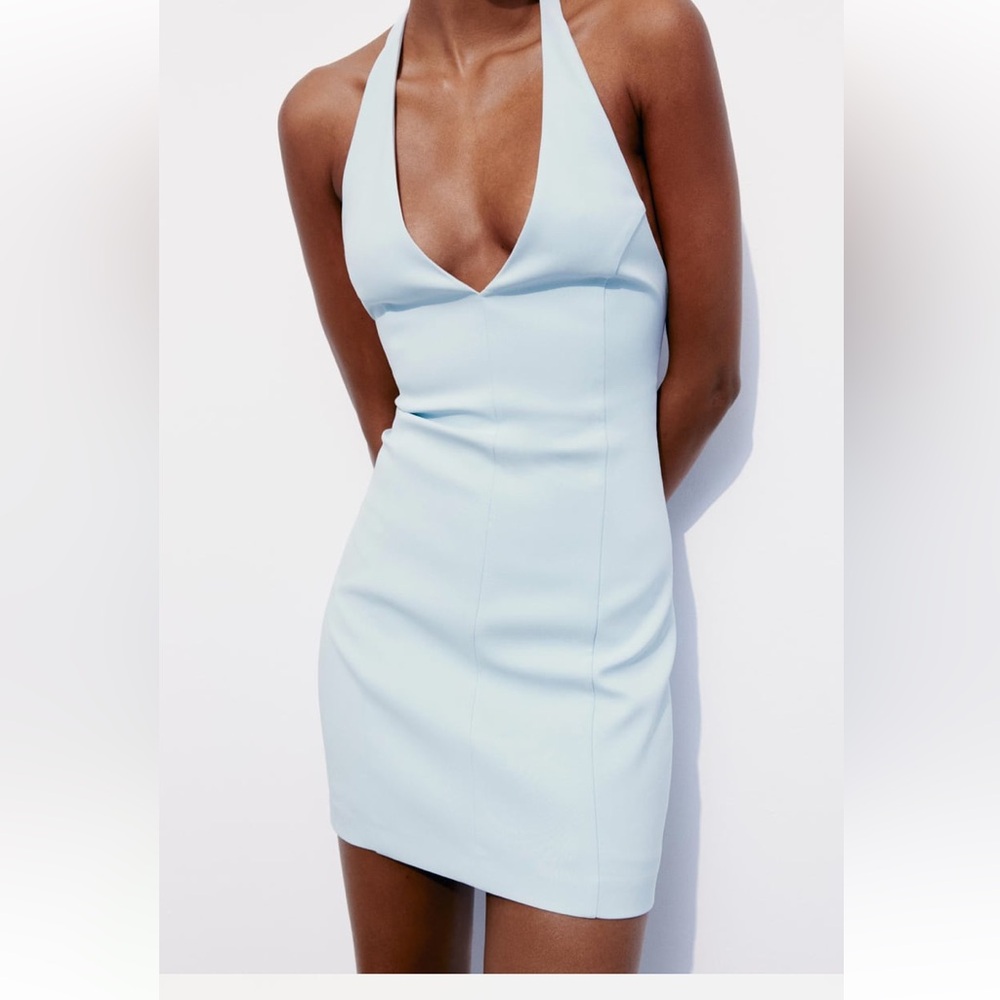Zara Fitted High Neck Halter Dress Pastel Light Blue Bloggers Easter Spring
